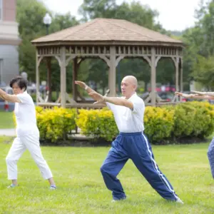 Tai Chi instructor outside in the grass teaching a Tai Chi class with two women following his lead.